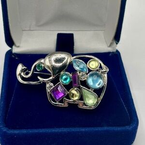 Vintage Silver Elephant Brooch with Multicolor Faux Gemstones​